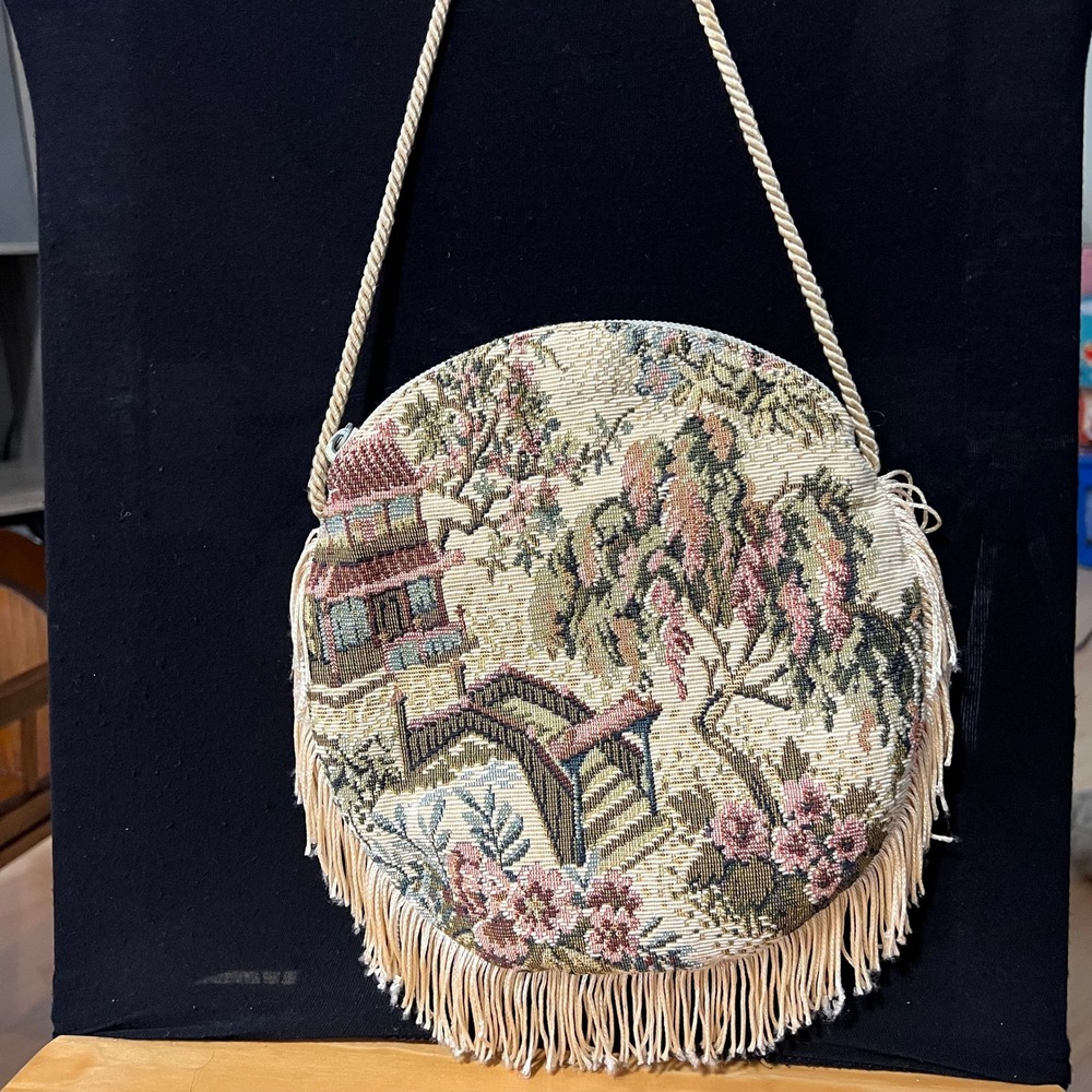 Jean Betancourt New York Tapestry Round Crossbody Bag Fringe Pagoda Landscape
